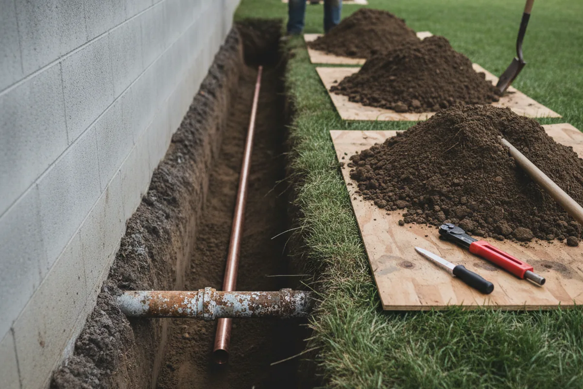 Excavated water line trench during Water Heater Repair in Owosso